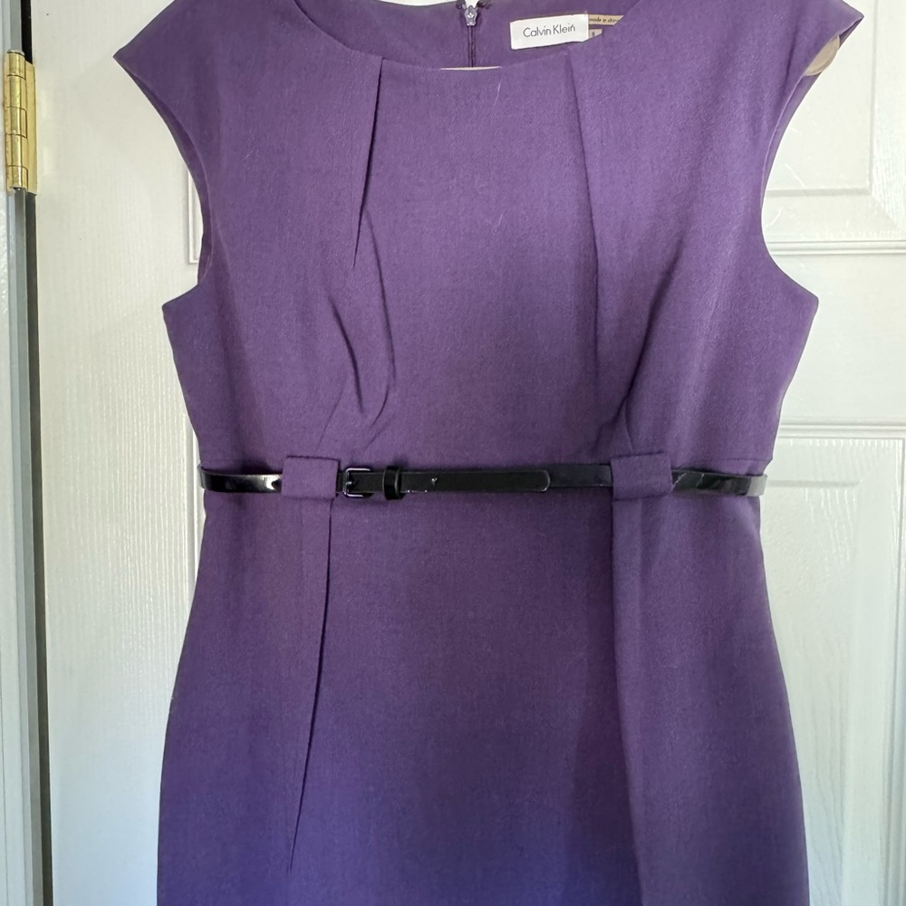 Calvin Klein Purple Midi Sheath Dress with Black Patent Belt
